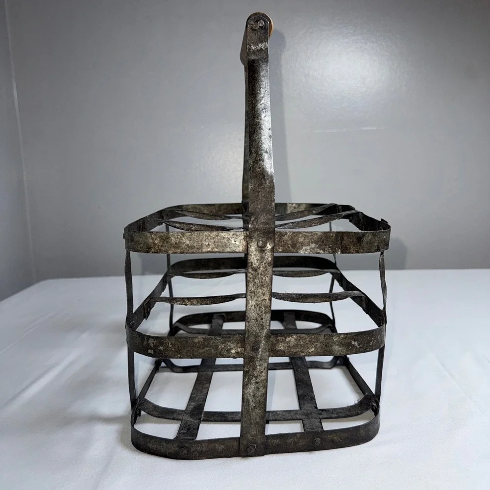 Vintage Metal Milk Bottle Carrier 6 Slot Caddy Rustic Farmhouse Wood Handle 12x8